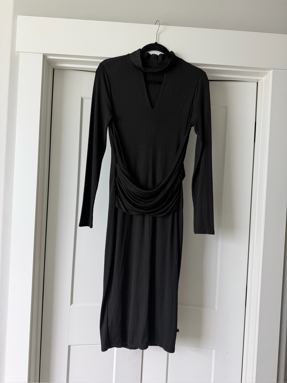 Christian Siriano Black Long-Sleeve Draped Midi Dress